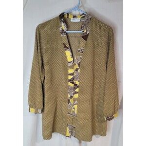 Millenium Women’s 2X Boho Geometric Button Front Blouse Brown Yellow 3/4 Sleeve
